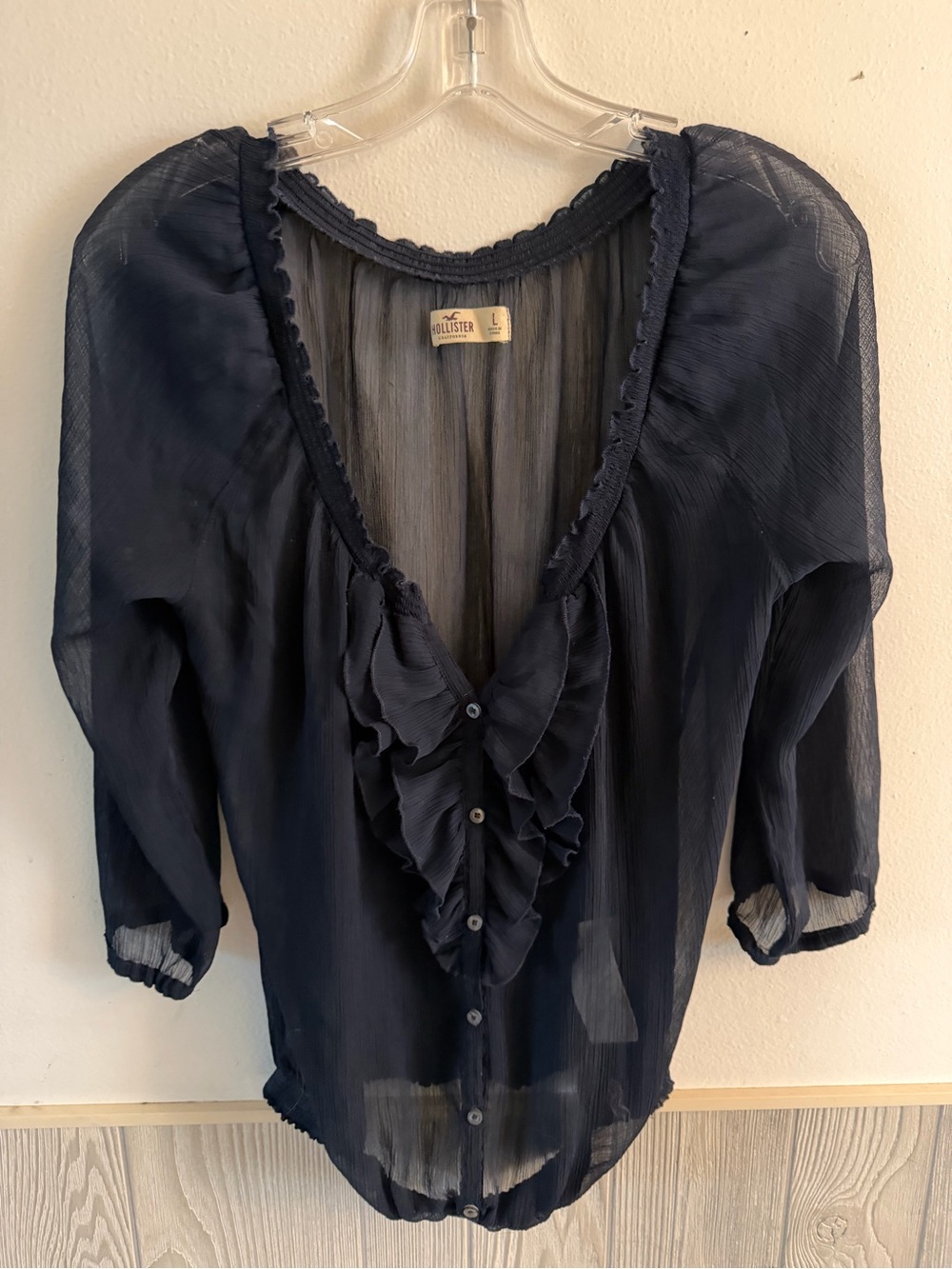 Y2K Hollister Black Sheer Ruffle Front Blouse Size L